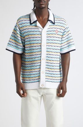 Casablanca Stripe Cotton Reverse Jacquard Sweater at Nordstrom, Size X-Large