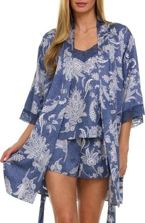 Flora Nikrooz Sabrina Floral Print Satin Short Pajamas & Robe Set in Navy at Nordstrom, Size X-Small