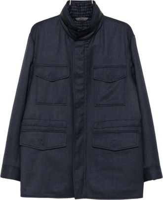Brioni Jas met leren details en borstzakken - Heren - Jassen - Blauw - Maat: M Wol