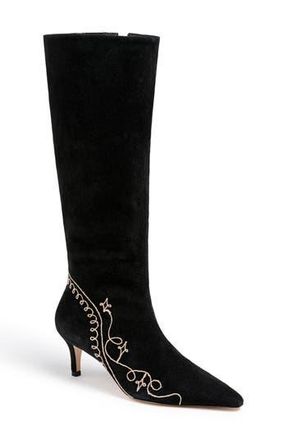 Cinq &agrave; Sept Casey Embroidered Tall Boot in Black/Brown Sugar at Nordstrom Rack, Size 5Us / 35Eu