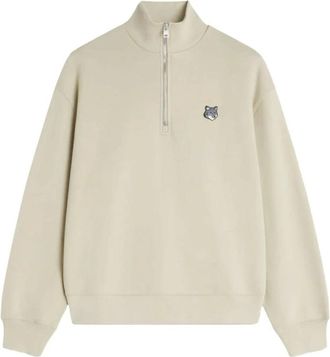 Maison Kitsun&eacute; Fox Head Comfort Half-Zip Sweatshirt - Heren - Sweatshirts & Hoodies - Beige - Maat: XL Katoen