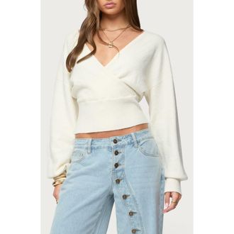 Edikted Lillia V-Neck Wrap Crop Sweater in White at Nordstrom, Size X-Large