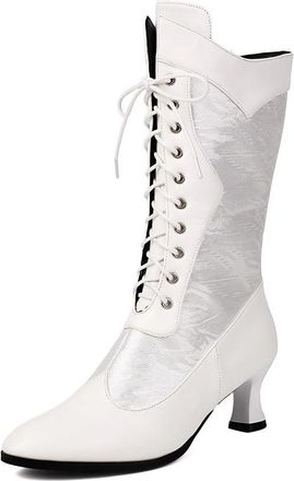 Generic Womens Kitten Heel Mid-Calf Boots Pointed Toe PU Leather Vintage Victorian Boots Lace Up Short Boot with Side Zipper,White,6.5 UK