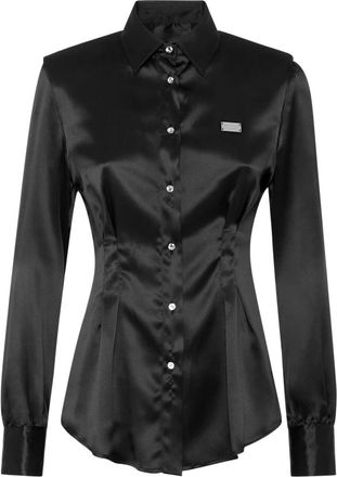 Philipp Plein Overhemden, Dames, Zwart, L, Leer, Zijden Blouse met Gevulde Schouders