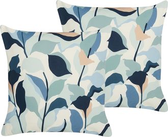 Beliani Conjunto De 2 Cojines De Jard&iacute;n Almohada De Exterior 45 X 45 Cm Poli&eacute;ster Estampado Hojas Azul Veglino