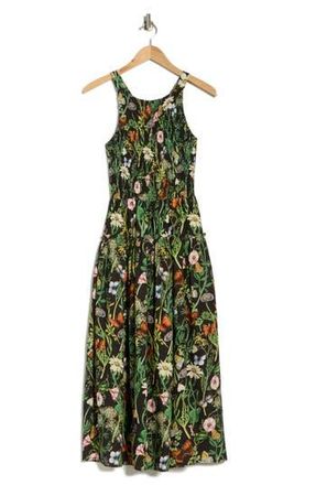Avec Les Filles Floral Smocked Bodice Linen Blend Midi Dress in Black Butterfly Floral at Nordstrom Rack, Size 12
