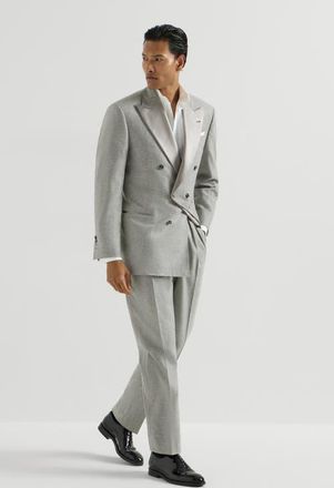 Brunello Cucinelli Cashmere and silk lightweight flannel tuxedo one-and-a-half breasted jacket and trousers with double pleats and waist tabs in