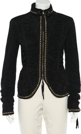 Roberto Cavalli Black Studded Suede Zip Front Ruched Jacket