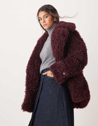 Free People sophie faux fur peacoat in burgundy-Red