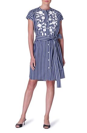 Carolina Herrera Embroidered Floral Stripe Cotton Shirtdress in Midnight Multi at Nordstrom, Size 14