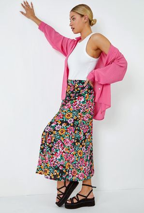 DUSK Floral Button Detail Midi Elastic Waist Skirt