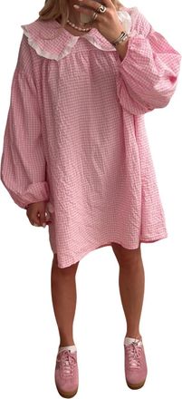 Generic Womens Cute Babydoll Dress Long Puff Sleeves Doll Collar Cute Checked Bow Dresses, pink, L