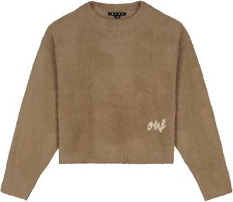 Olaf Hussein Fluffy Script Logo Gebreide Trui - Dames - Ronde hals truien - Bruin - L - Truien & Vesten