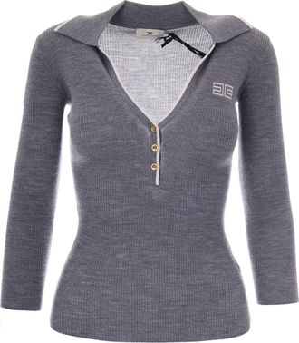 Elisabetta Franchi Ribbed Knit Polo with Sail Collar and Intarsia Logo