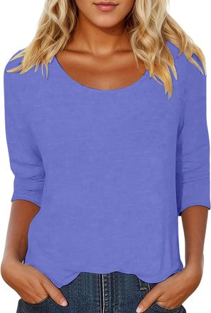 Generic DFEK 3/4 Sleeve Tops for Women UK, Scoop Neck T-Shirt Solid Color Soft Cotton Casual Basic Tee Top for Women, Long Sleeve Loose Fit Comfortable Blouse
