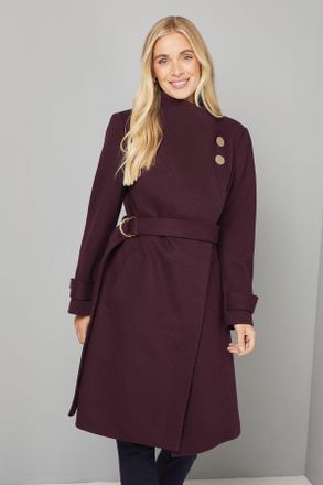 Wallis Womens Petite Funnel Neck Tie Belt Coat - Berry - Size 18 UK