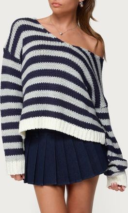 Edikted Eugenie Stripe Oversize Off the Shoulder Sweater in Navy at Nordstrom, Size X-Small