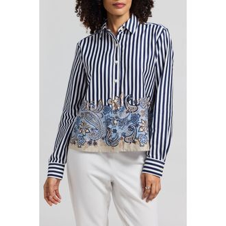 Foxcroft Jodie Stripe Cotton Button-Up Shirt in Blue Multi at Nordstrom, Size X-Large