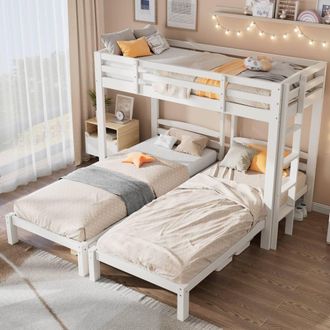 Merax 3ft Single White Wooden T-Shaped Triple Bunk Bed Frame with Ladder