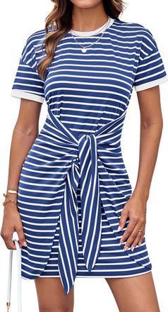 Grace Karin Women Summer Stripe Casual Short Sleeve Bodycon Mini Dress With Round Neck