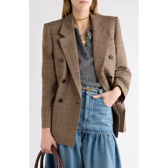 Chlo&eacute; Check Double Breasted Wool Blazer in Brown/beige at Nordstrom, Size 42