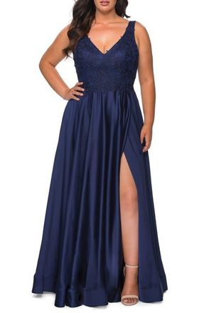 La Femme A-line Plus Size Dress with Rhinestone Lace Bodice in Navy at Nordstrom, Size 16W