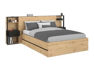 Vente-Unique Letto Con Contenitore 140 X 190 Cm Con Comodini Naturale E Nero - Ludaro