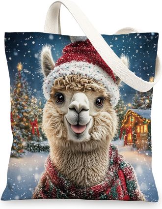 Generic Winter Merry Christmas Alpaca Canvas Tote Bag for Shopping 13x15, Farmhouse Xmas Tree Scenic Reusable Grocery Print Bag for Women Men, Happy Holiday A