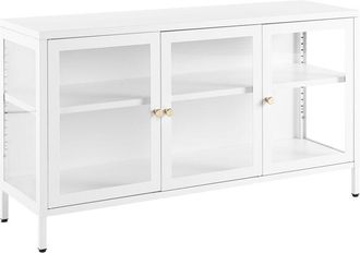 Beliani Aparador De Metal Blanco 115 X 35 Cm 3 Puertas Vidrio Templado Estantes Newport