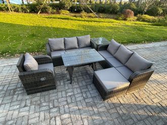 Fimous Outdoor Lounge Sofa Set Wicker PE Rattan Garden Furniture Set with Rectangular Dining Table Reclining Chair Big Footstool Side Table