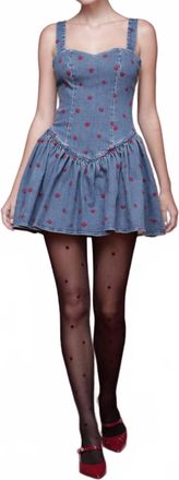 Avec Les Filles Embroidered Denim Drop-Waist Mini Dress In Monarch Heart
