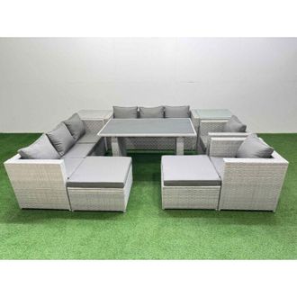 Fimous 10 Seater Wicker pe Rattan Furniture Outdoor Dining Table 3 Seater Sofa Armchair Set with 2 Side Tables 2 Big Stools Light Grey - Fimous