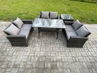 Fimous 6 Seater Rattan Wicker Garden Furniture Patio Conservatory Sofa Set Indoor Outdoor with Dining Table Double Seat Sofa in Dark Grey