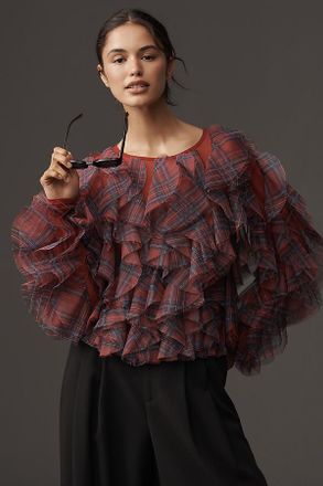 Dolan Ruffle Plaid Crew-Neck Blouse