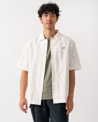 Fred Perry Mens Jacquard Linen Blend Shirt in Ivory - Size Large