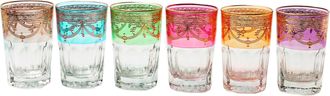 Classic Touch Set of 6 Short Colored Tumblers With Rich Gold Design