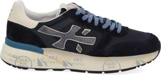 Premiata Dark Base Sneakers With Light Blue Laces And Cream Heel Accent