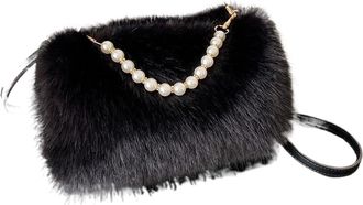 Generic Womens Plush Bags Winter Fluffy Shoulder Bags Womens Pearl Handle Ladies Crossbody Bag Small Female Handbags Purses(Black)