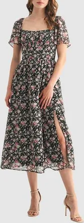 All in Favor Floral Butterfly Sleeve Midi Dress in Black Pink Floral at Nordstrom Rack, Size Large