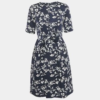 Carolina Herrera Navy Blue Floral Print Jacquard Bow Detail Short Dress