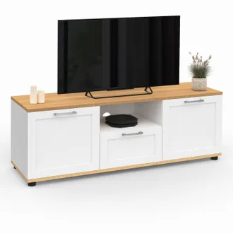 IDMarket Mueble Tv Vito Con Caj&oacute;n Y Hornacina Blancos Y Encimera De Madera De 110 Cm