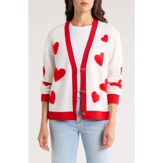 Alice & Olivia Bradley Intarsia Heart Wool Blend Cardigan in Soft White/Bright Ruby at Nordstrom Rack, Size Medium