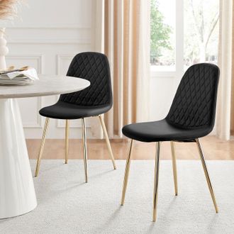 Furniturebox 2x Corona Gold Leg Faux Leather Dining Chair in Black