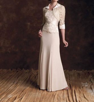 Montage by Mon Cheri Silky Crepe Suit And Mock Strapless A-Line Long Dress Set In Cafe