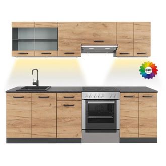 Vicco Mueble De Cocina Raul, Oro Power Roble/antracita, 240 Cm, Et Negro Estampado Con Tira De Led