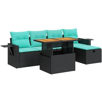 vidaXL 6 Piece Garden Sofa Set with Cushions Black Poly Rattan Acacia vidaXL