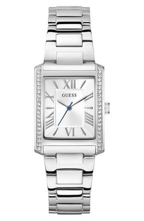 Guess Bonnie Pav&eacute; Crystal Bezel Silvertone Bracelet Tank Watch, 27mm at Nordstrom