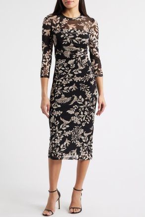 Anne Klein Floral Side Ruched Mesh Midi Dress in Anne Black Multi at Nordstrom, Size X-Small