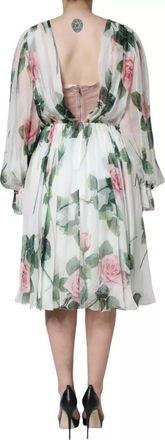 Dolce & Gabbana White Silk Floral Print A-line Midi Womens Dress