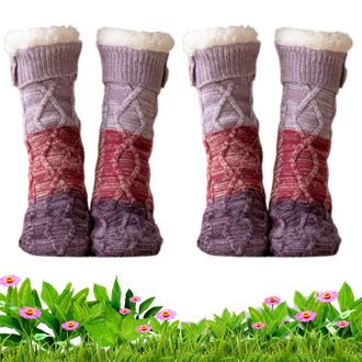 Generic Knitted Ultra-Thick Slipper Home Socks, Tri-color Knit Patchwork Non-Slip Warm Winter Socks for Women (Purple+Purple,One Size)